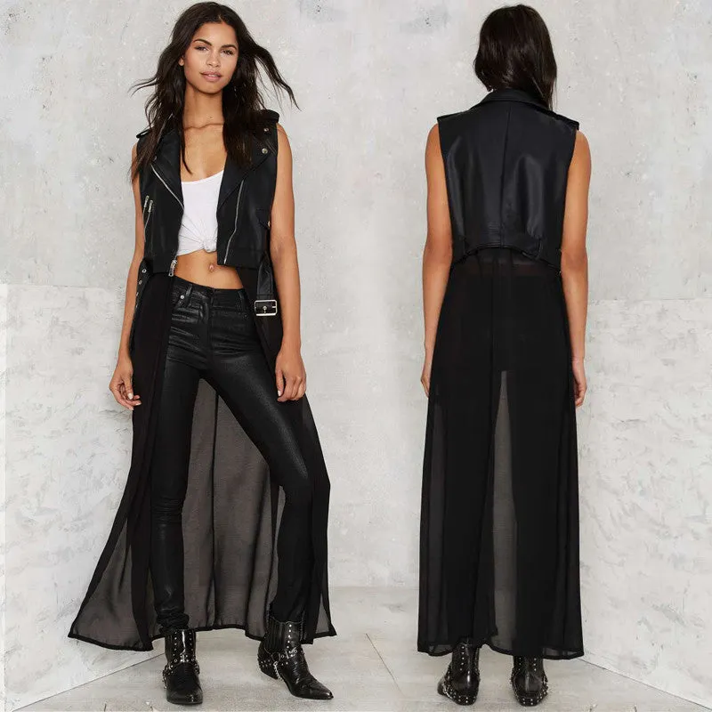 Nanette Black Vegan Leather Chiffon Tail Biker Vest