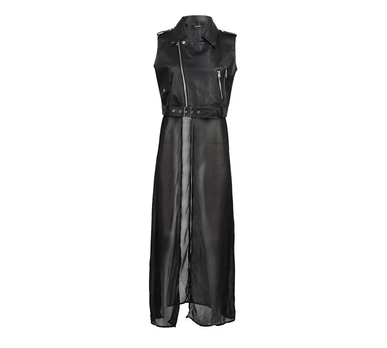 Nanette Black Vegan Leather Chiffon Tail Biker Vest
