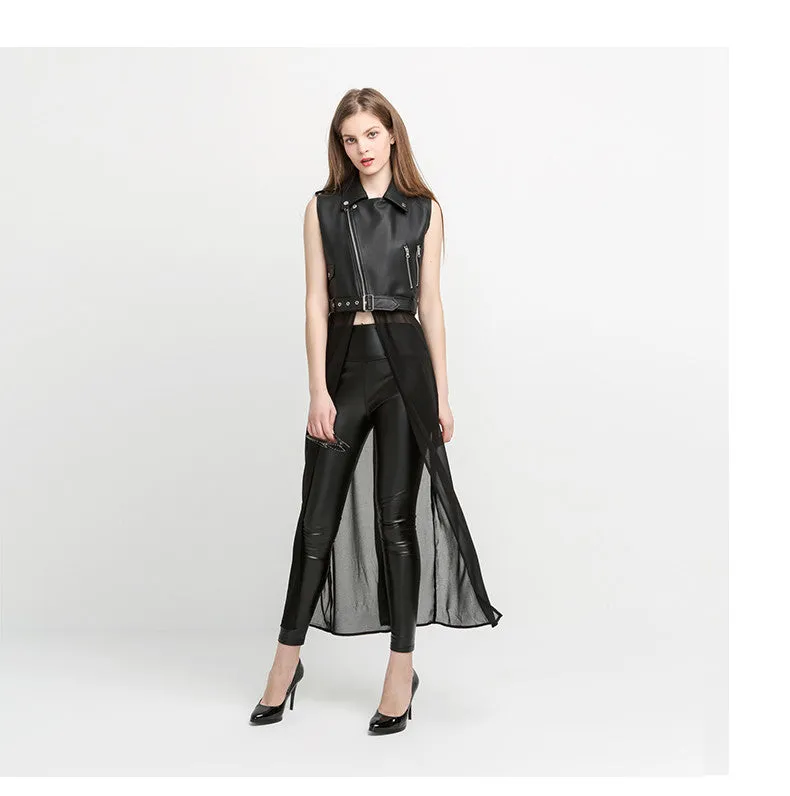 Nanette Black Vegan Leather Chiffon Tail Biker Vest