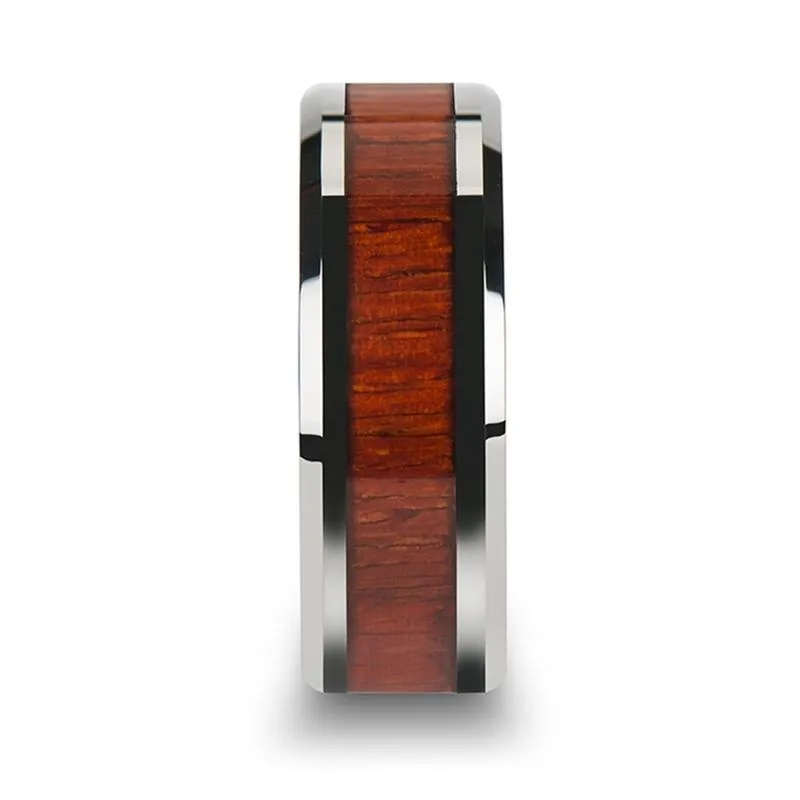 NARRA | Silver Tungsten Ring, Padauk Wood Inlay, Beveled
