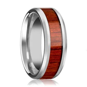 NARRA | Silver Tungsten Ring, Padauk Wood Inlay, Beveled