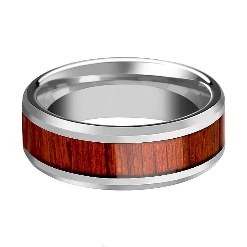 NARRA | Silver Tungsten Ring, Padauk Wood Inlay, Beveled