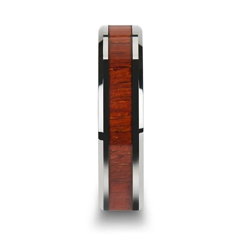 NARRA | Silver Tungsten Ring, Padauk Wood Inlay, Beveled