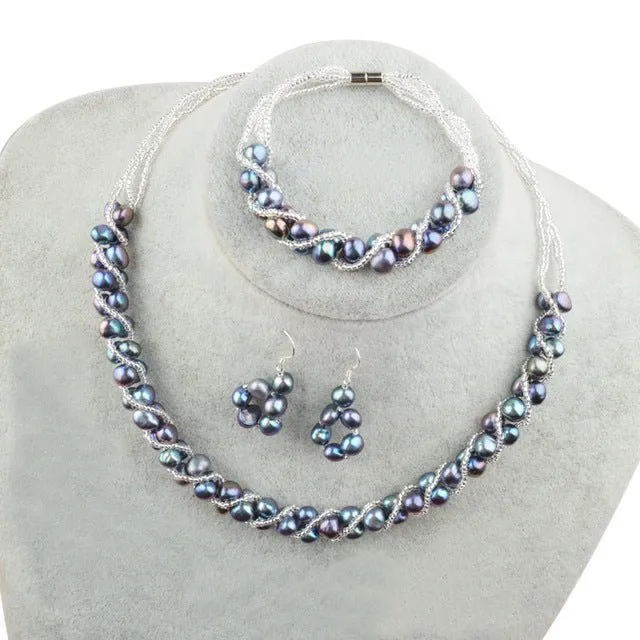Natural Freshwater Pearl Jewelry Set Necklace Bracelet Earrings Women Jewelry