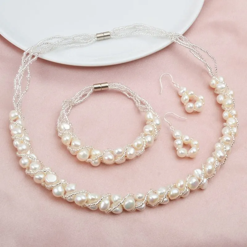 Natural Freshwater Pearl Jewelry Set Necklace Bracelet Earrings Women Jewelry