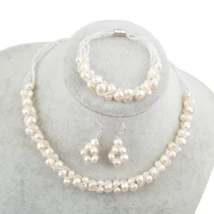 Natural Freshwater Pearl Jewelry Set Necklace Bracelet Earrings Women Jewelry