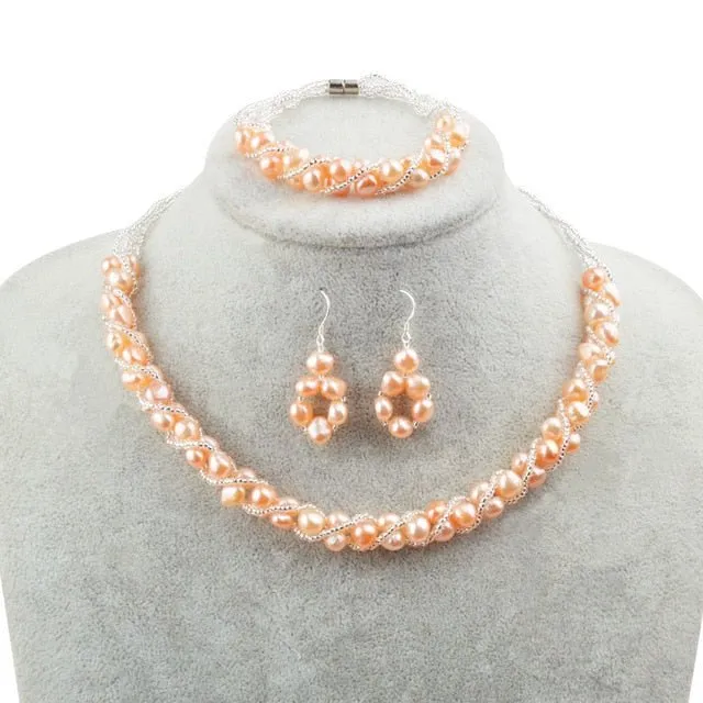 Natural Freshwater Pearl Jewelry Set Necklace Bracelet Earrings Women Jewelry