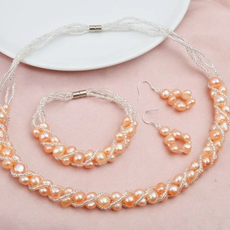 Natural Freshwater Pearl Jewelry Set Necklace Bracelet Earrings Women Jewelry