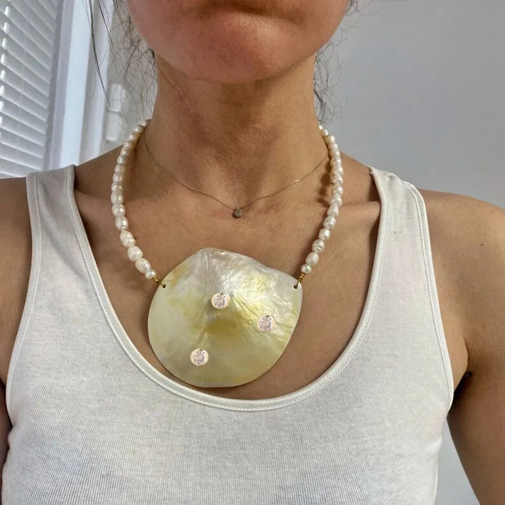 Natural Pearl Statement Shell Pendant Necklace