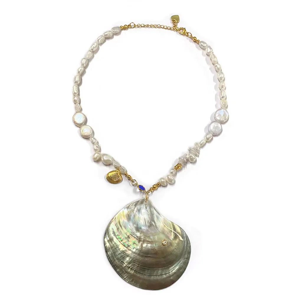 Natural Pearl Statement Shell Pendant Necklace