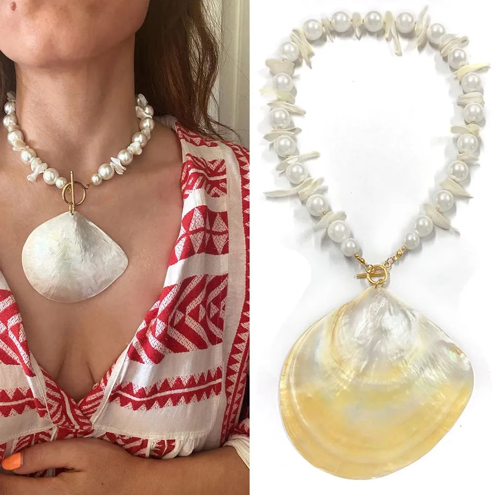 Natural Pearl Statement Shell Pendant Necklace