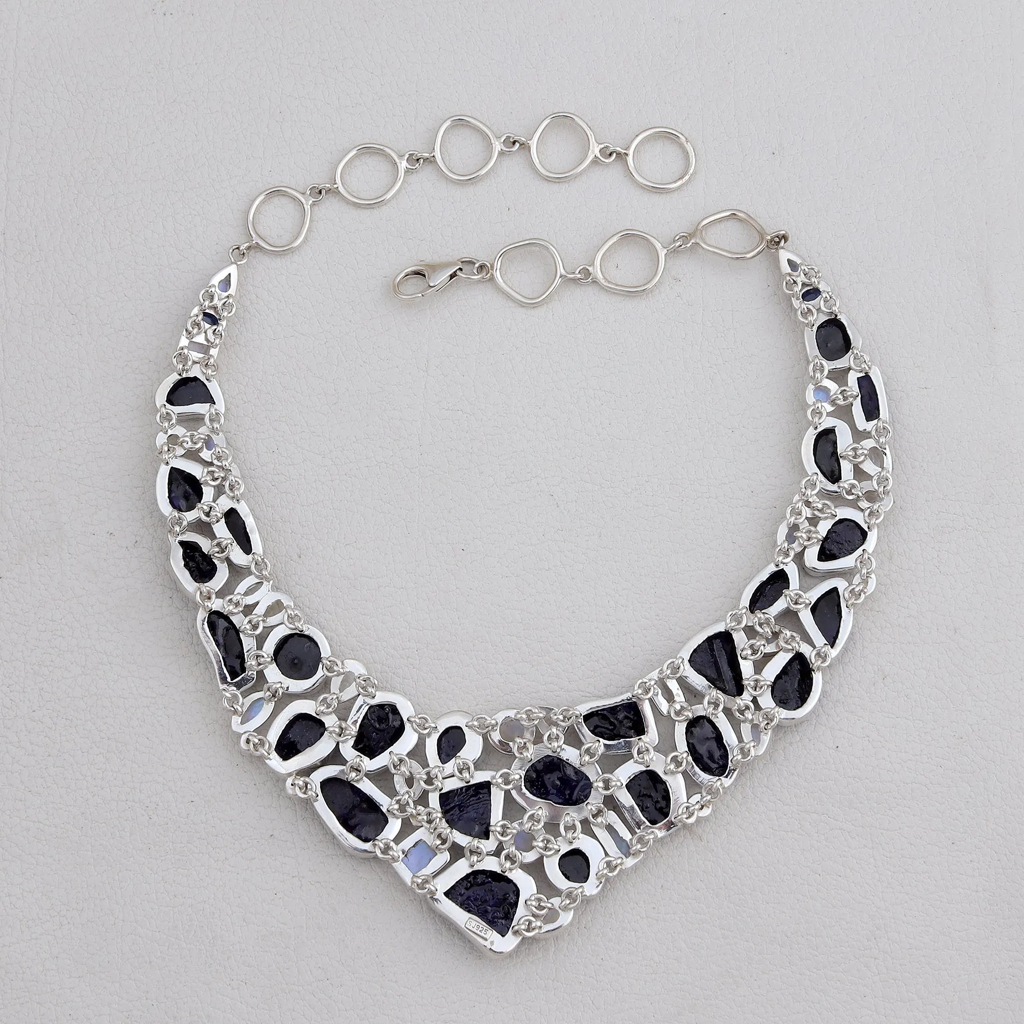 Natural Sapphire Rough Necklace with Earrings Silver Necklace Set