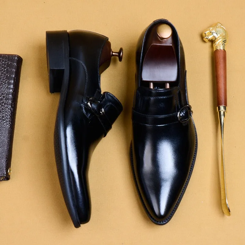 New Men Genuine Leather Shoes Pointed Toe Man Flat Classic Men Dress Shoes Buckle Italian Formal Oxford US 11.5