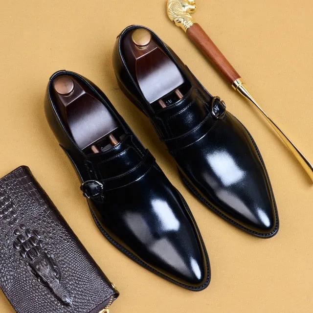 New Men Genuine Leather Shoes Pointed Toe Man Flat Classic Men Dress Shoes Buckle Italian Formal Oxford US 11.5