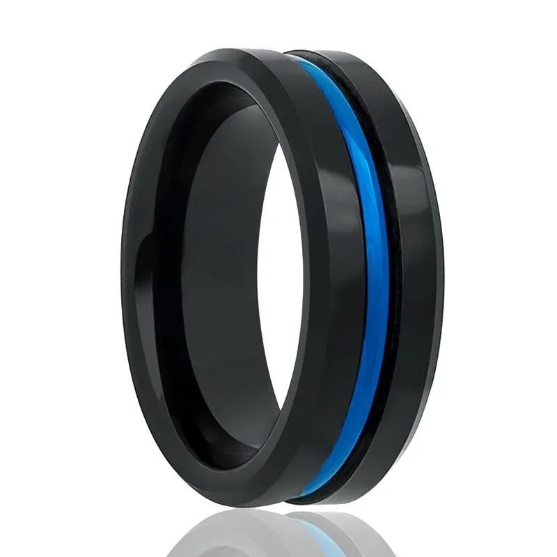 NORWAY | Black Tungsten Ring, High Polished, Blue Groove, Beveled