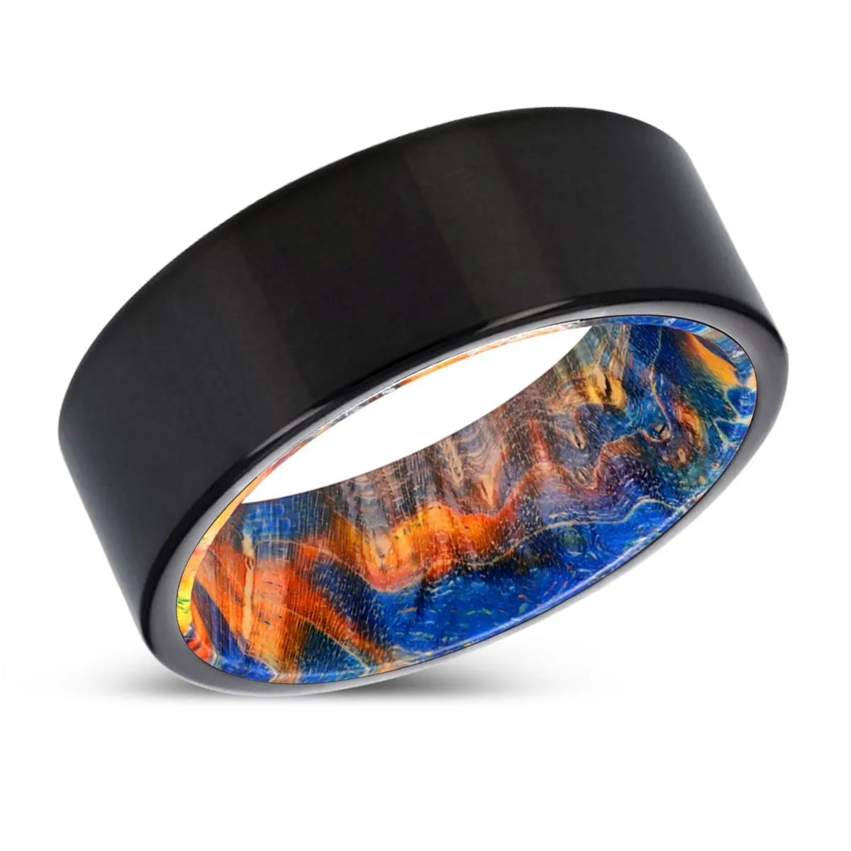 OAKHEART | Blue & Yellow/Orange Wood, Black Tungsten Ring, Shiny, Flat