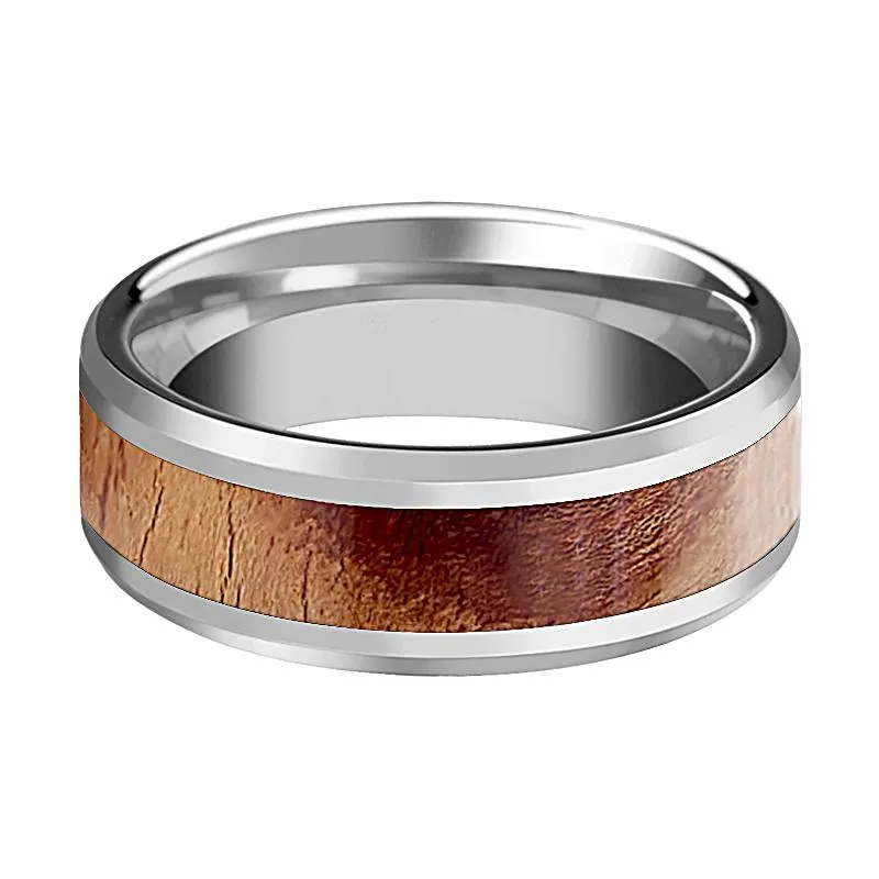 OLLIVANDER | Silver Tungsten Ring, Olive Wood Inlay, Beveled