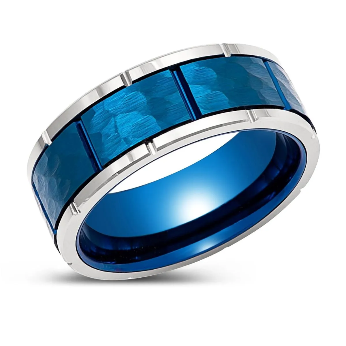 PACHUTA | Blue Hammered Tungsten Ring with Notches