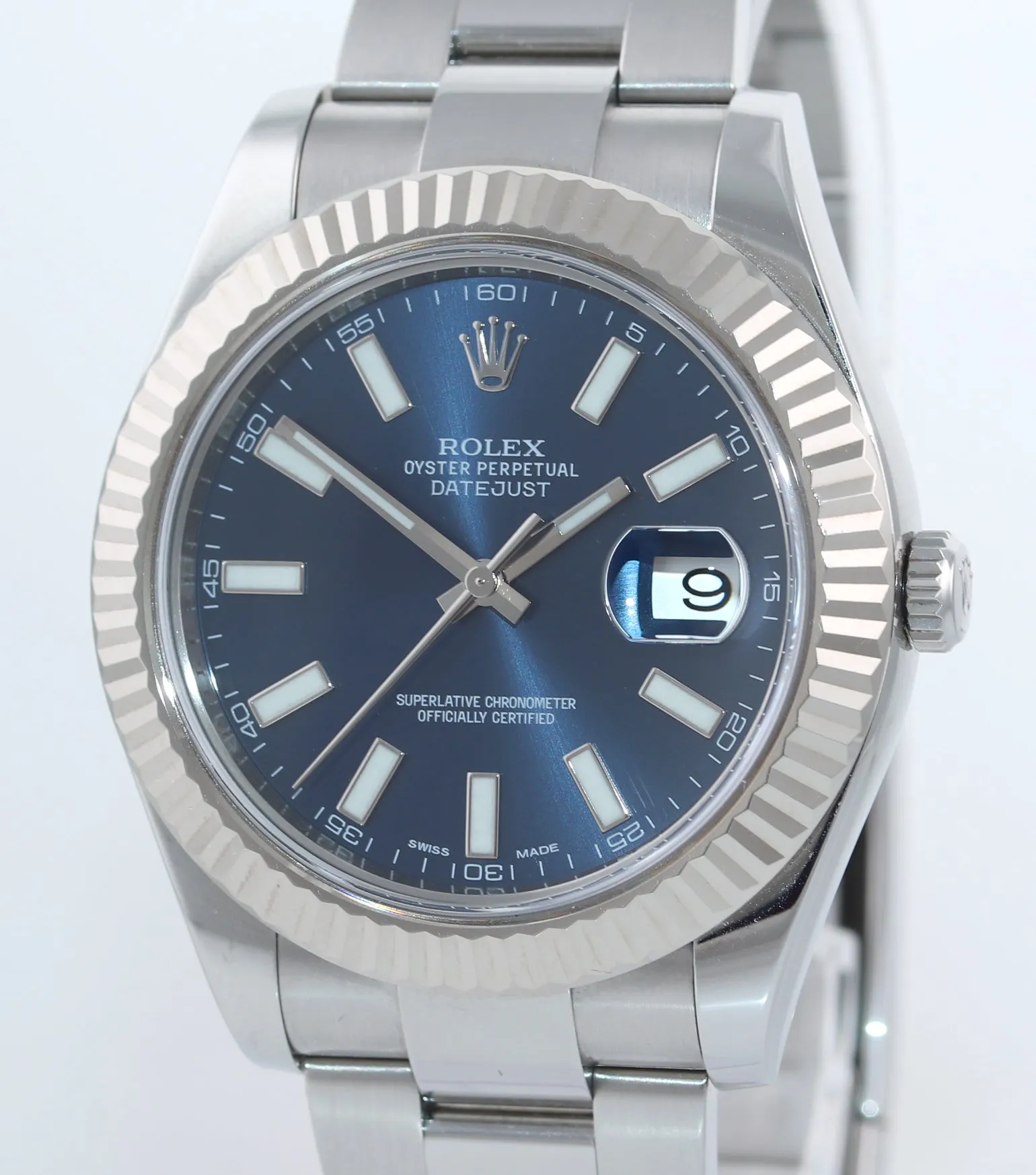 PAPERS Rolex Datejust 2 Blue Stick 41mm 18k White Gold Fluted Steel 116334 Watch