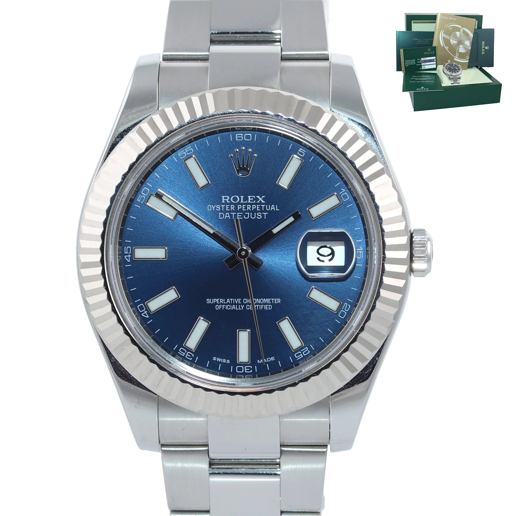 PAPERS Rolex Datejust 2 Blue Stick 41mm 18k White Gold Fluted Steel 116334 Watch