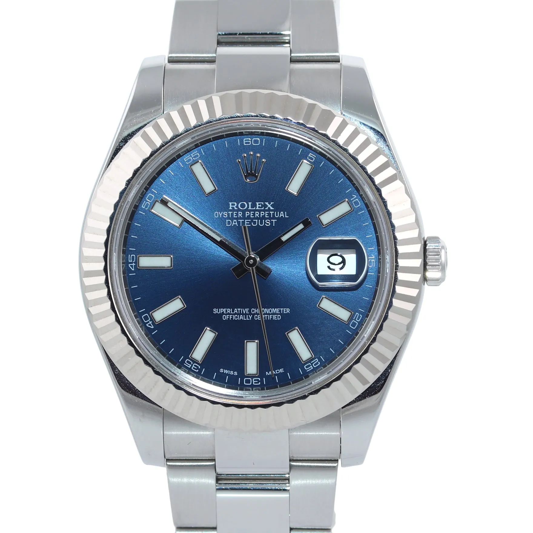 PAPERS Rolex Datejust 2 Blue Stick 41mm 18k White Gold Fluted Steel 116334 Watch