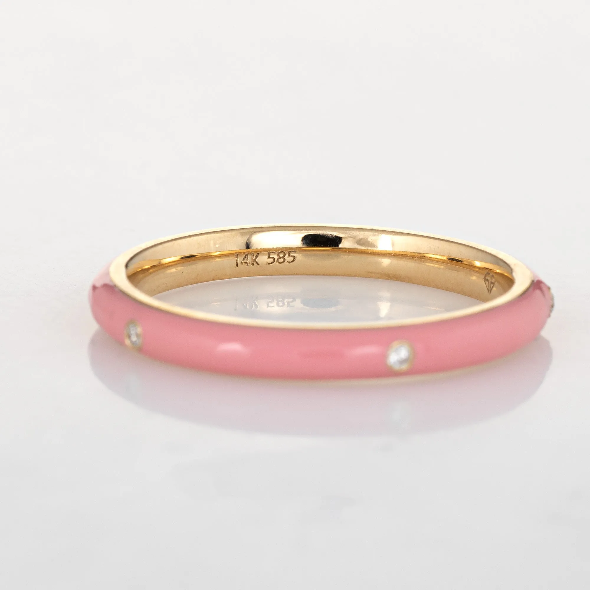 Pastel Pink Enamel Diamond Ring Sz 6.5 14k Yellow Gold Stacking Band Jewelry