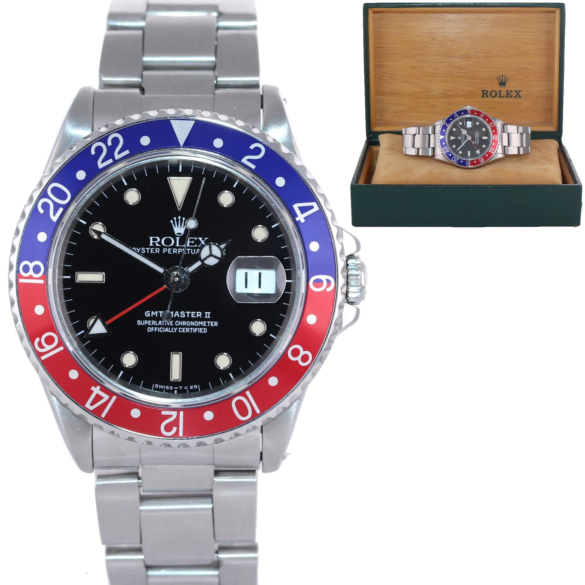 PATINA Rolex GMT-Master Tritium Pepsi Blue Red Steel 40mm Watch 16710