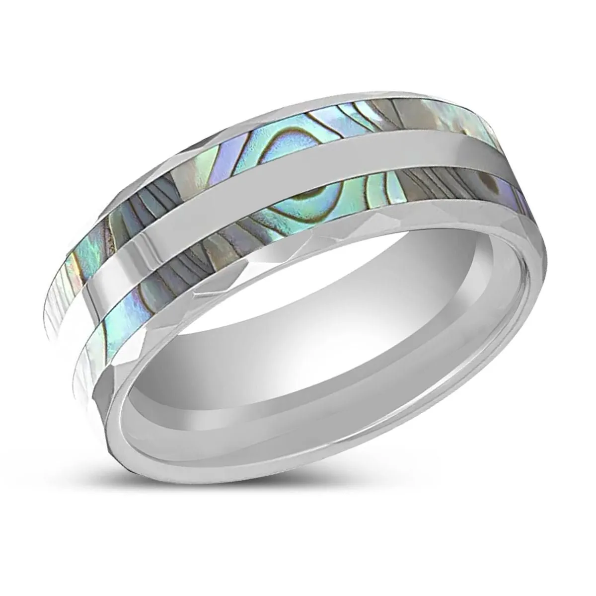PAUA | Tungsten Ring, Double Abalone Shell Inlay, Beveled Polished Edges