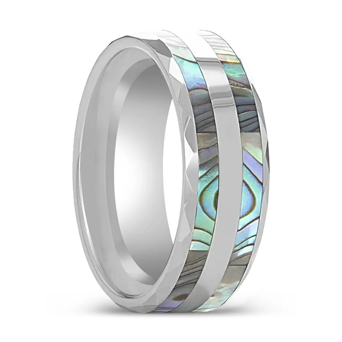 PAUA | Tungsten Ring, Double Abalone Shell Inlay, Beveled Polished Edges