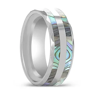 PAUA | Tungsten Ring, Double Abalone Shell Inlay, Beveled Polished Edges