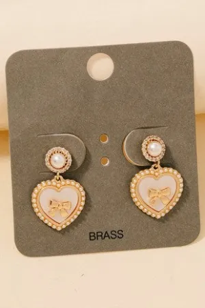 Pearl And Cz Heart Ribbon Charm Stud Drop Earrings