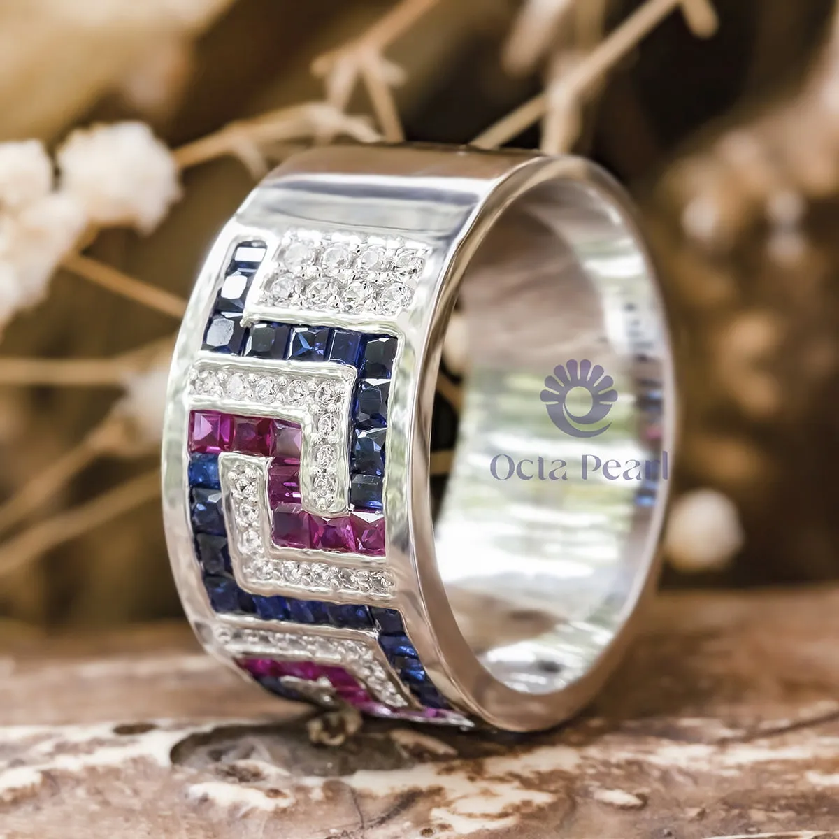 Pink & Blue Princess And Round Cut CZ Gemstone Half Eternity Unisex Wedding Band