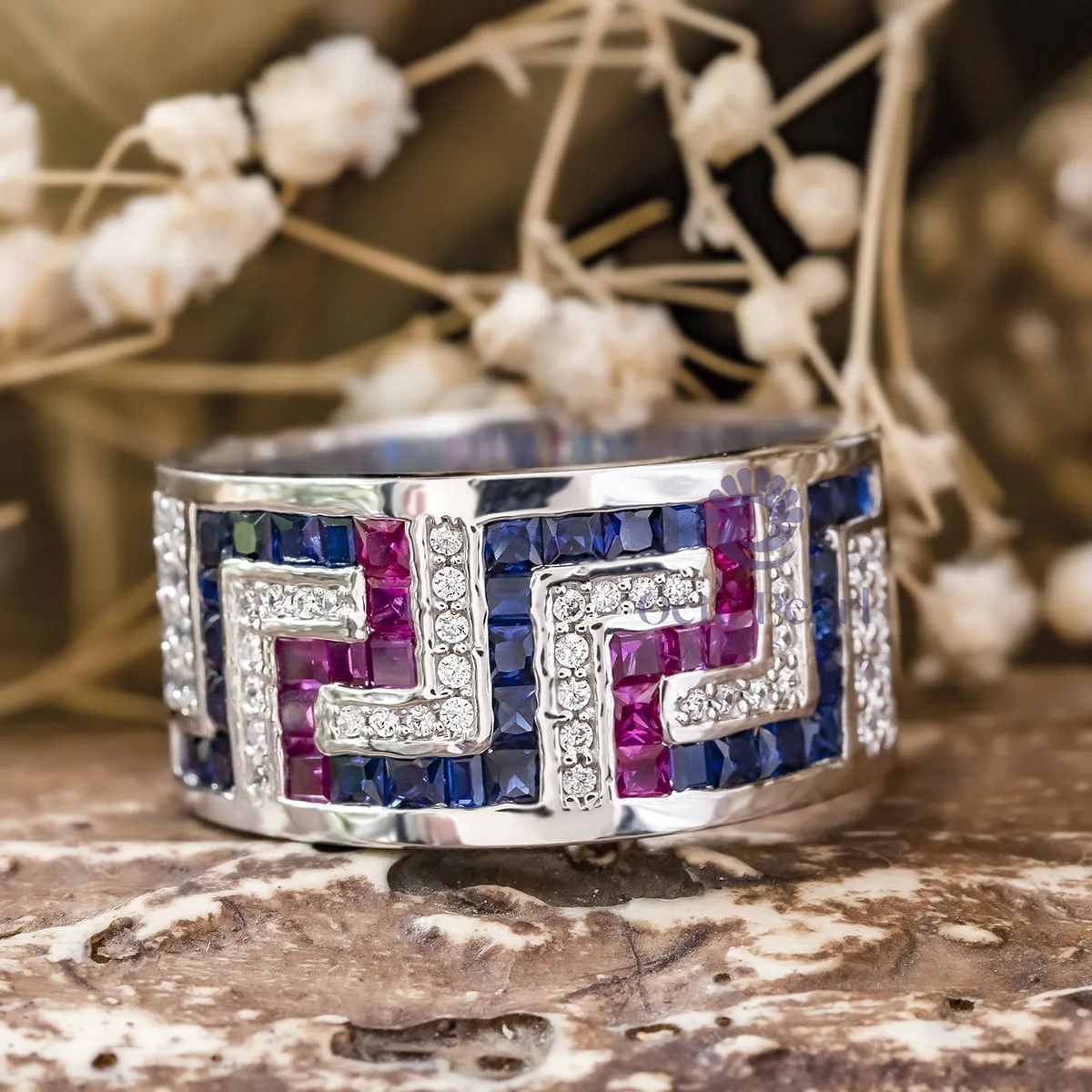 Pink & Blue Princess And Round Cut CZ Gemstone Half Eternity Unisex Wedding Band