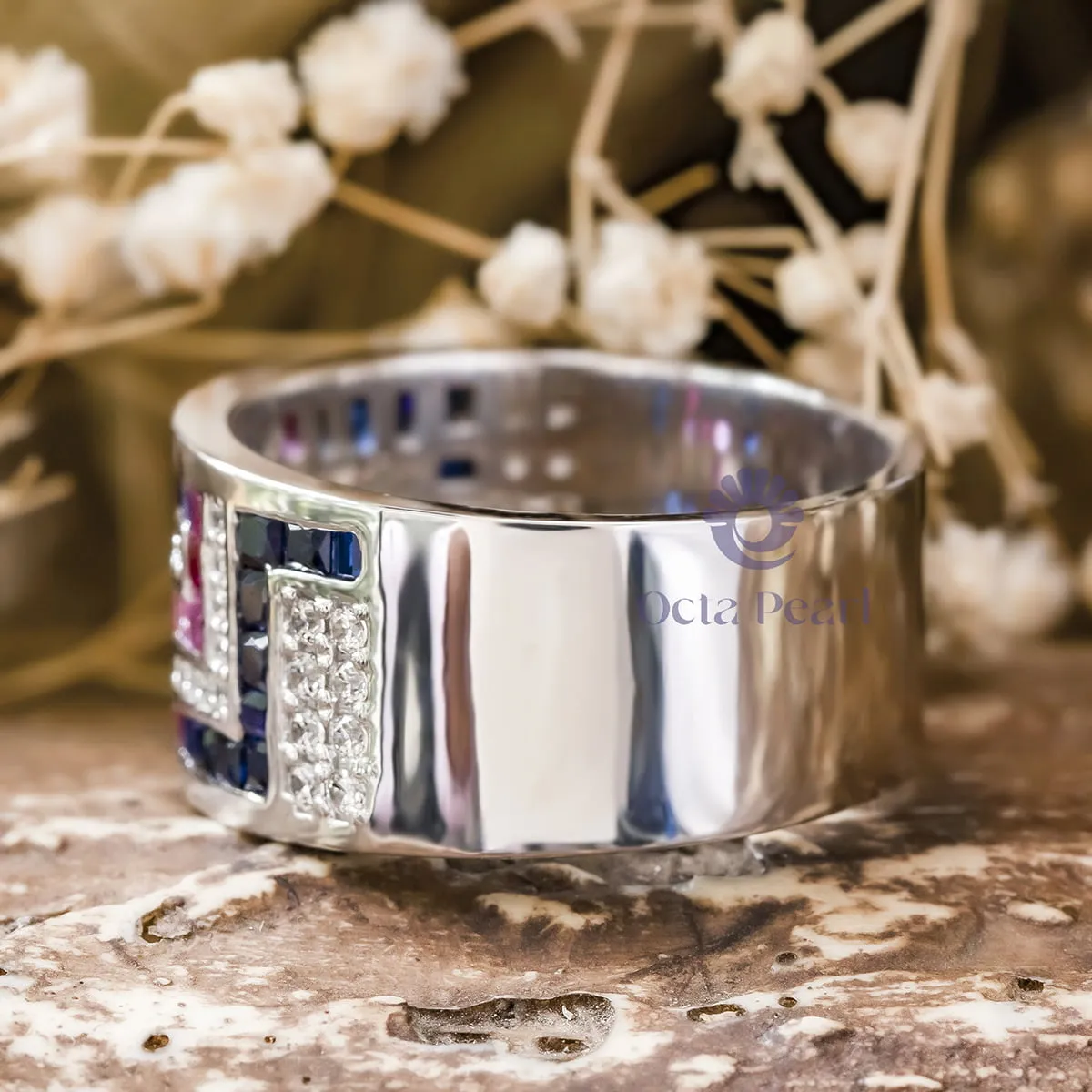 Pink & Blue Princess And Round Cut CZ Gemstone Half Eternity Unisex Wedding Band