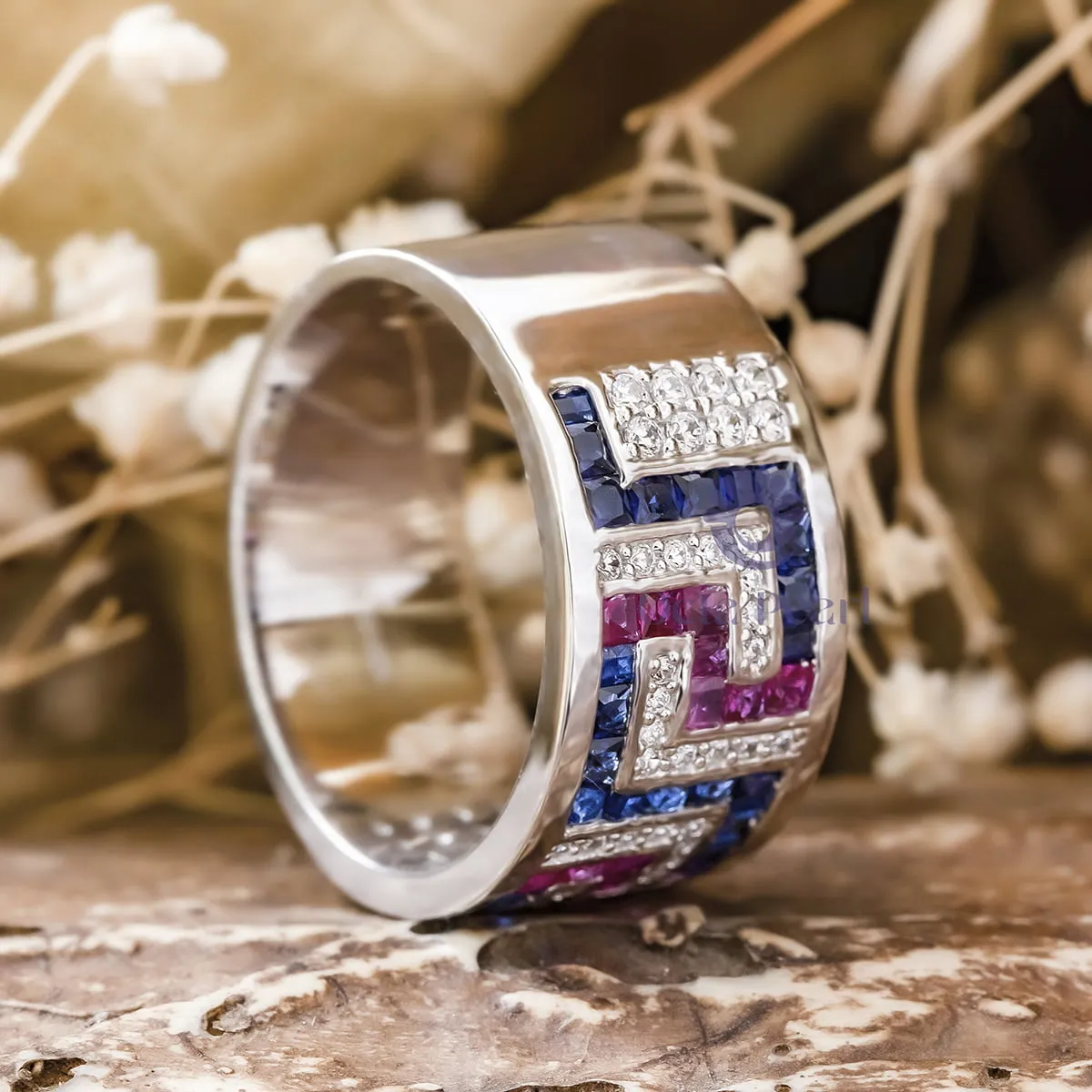 Pink & Blue Princess And Round Cut CZ Gemstone Half Eternity Unisex Wedding Band