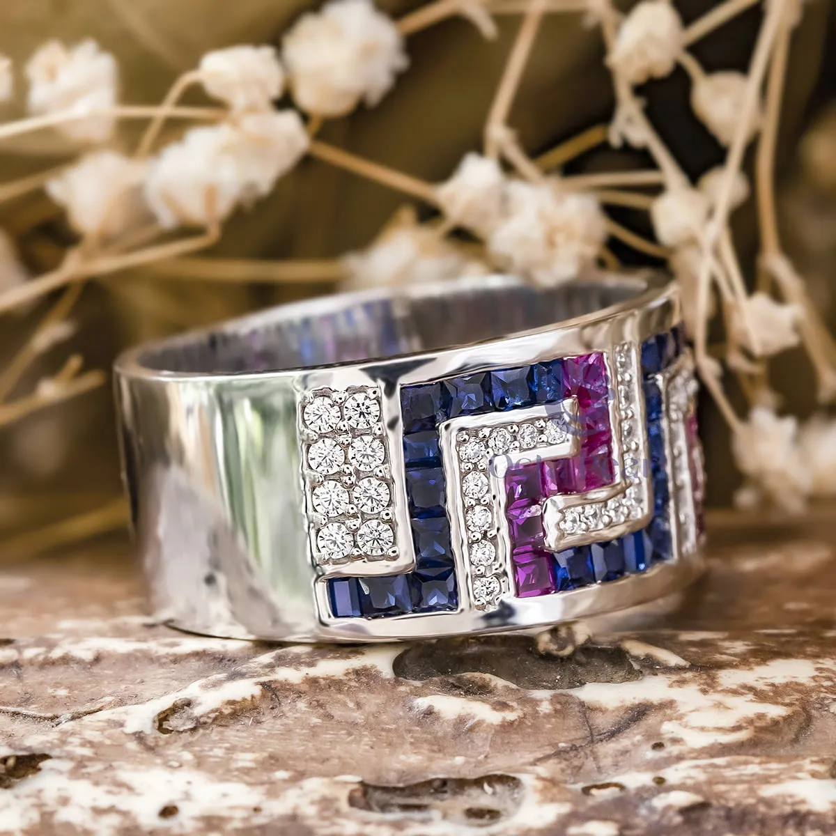 Pink & Blue Princess And Round Cut CZ Gemstone Half Eternity Unisex Wedding Band