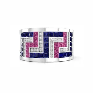 Pink & Blue Princess And Round Cut CZ Gemstone Half Eternity Unisex Wedding Band