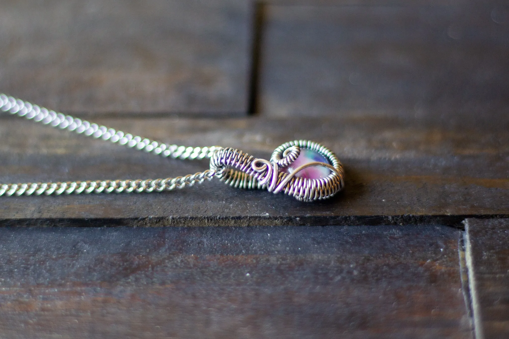 Pink, Blue and Green Fused Glass and Sterling Silver Mini Pendant