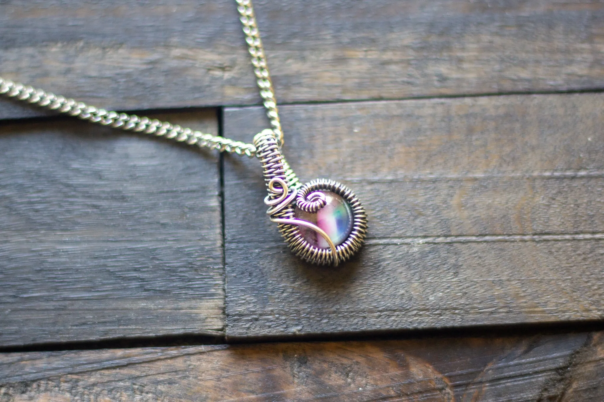 Pink, Blue and Green Fused Glass and Sterling Silver Mini Pendant