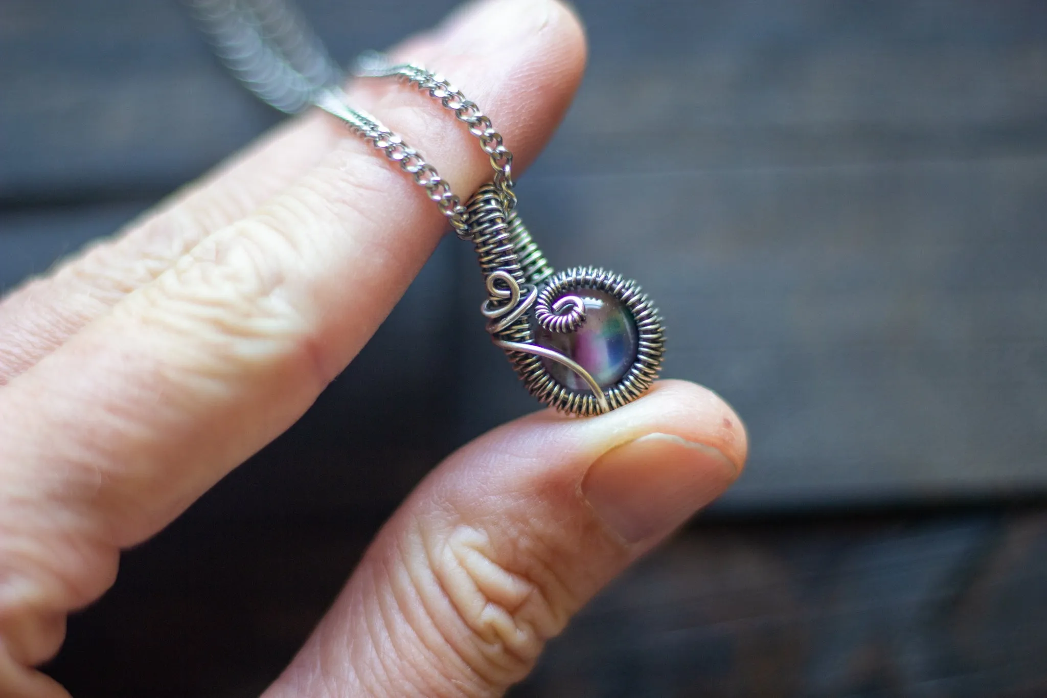 Pink, Blue and Green Fused Glass and Sterling Silver Mini Pendant