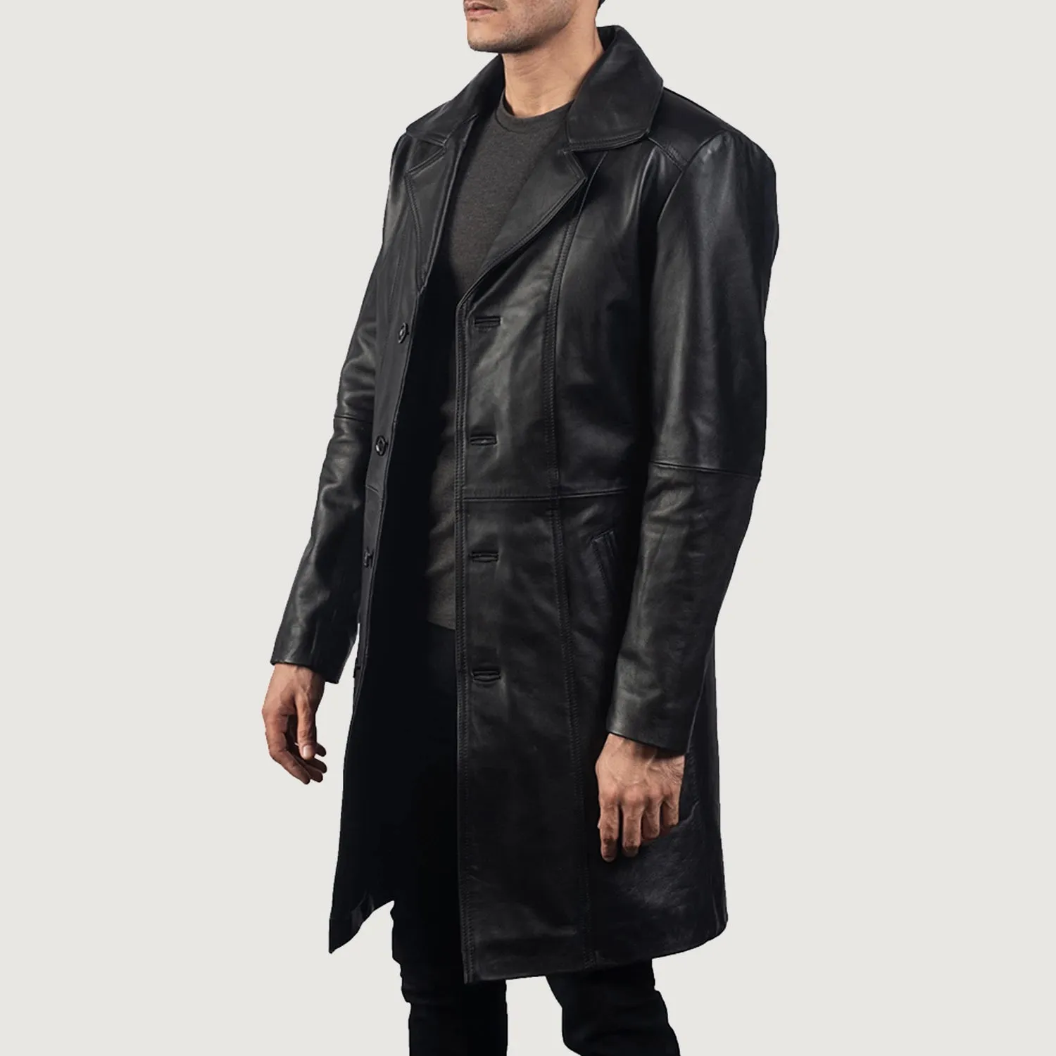 Point Leather Jacket Black Long Full Coat