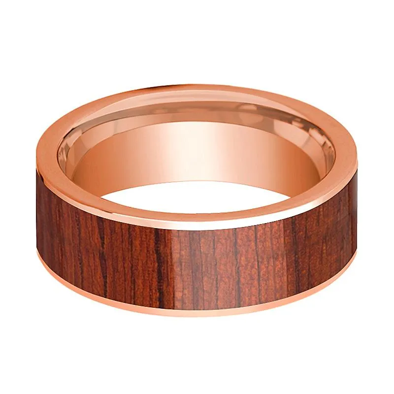 Polished 14k Rose Gold Men's Wedding Band with Padauk Wood Inlay - 8MM