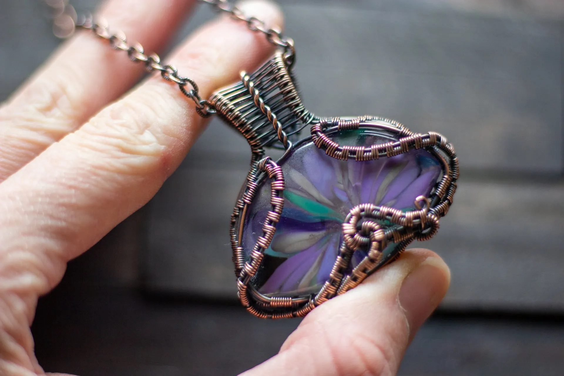Purple Blooms Fused Glass and Copper Wire Wrapped Pendant