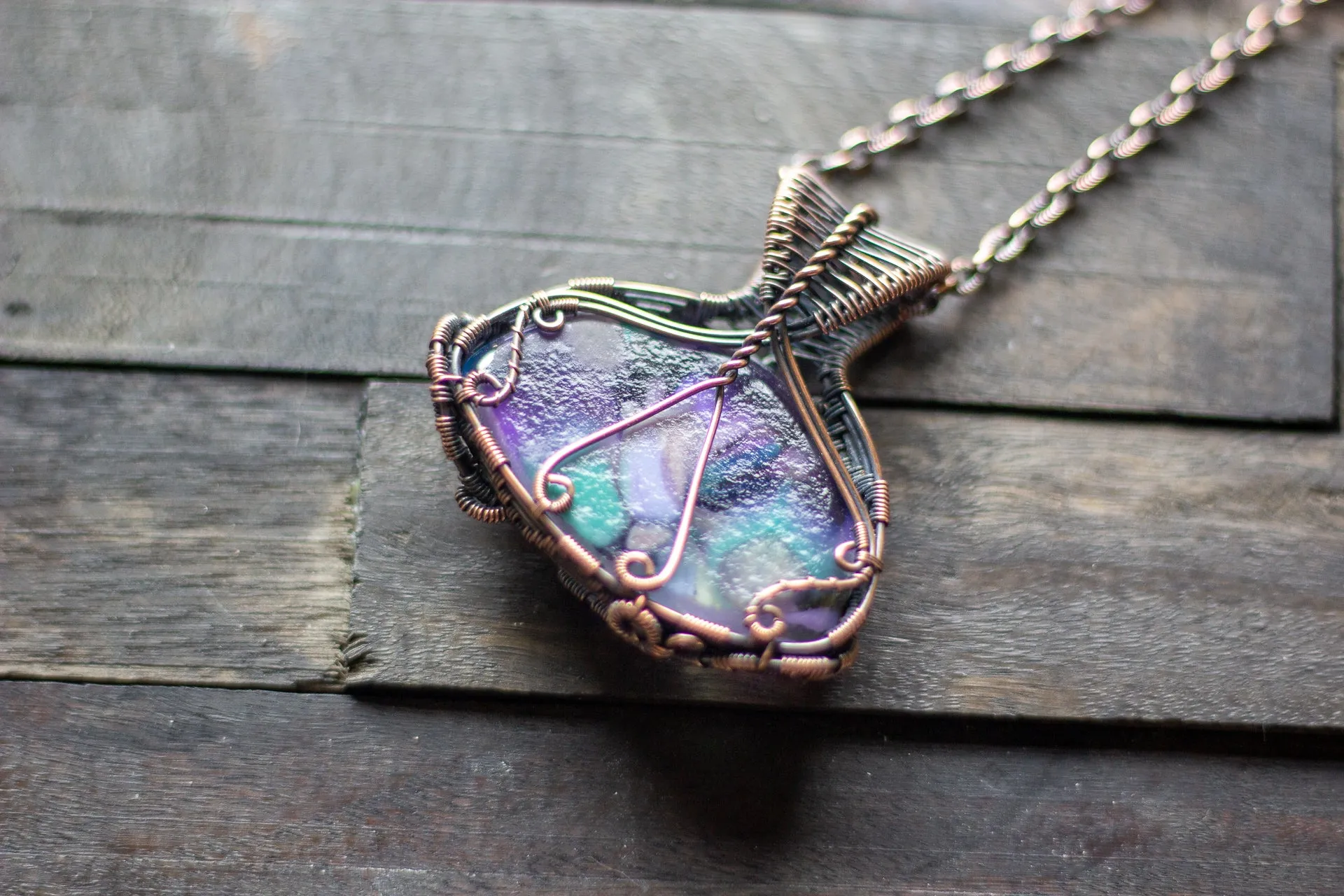 Purple Blooms Fused Glass and Copper Wire Wrapped Pendant