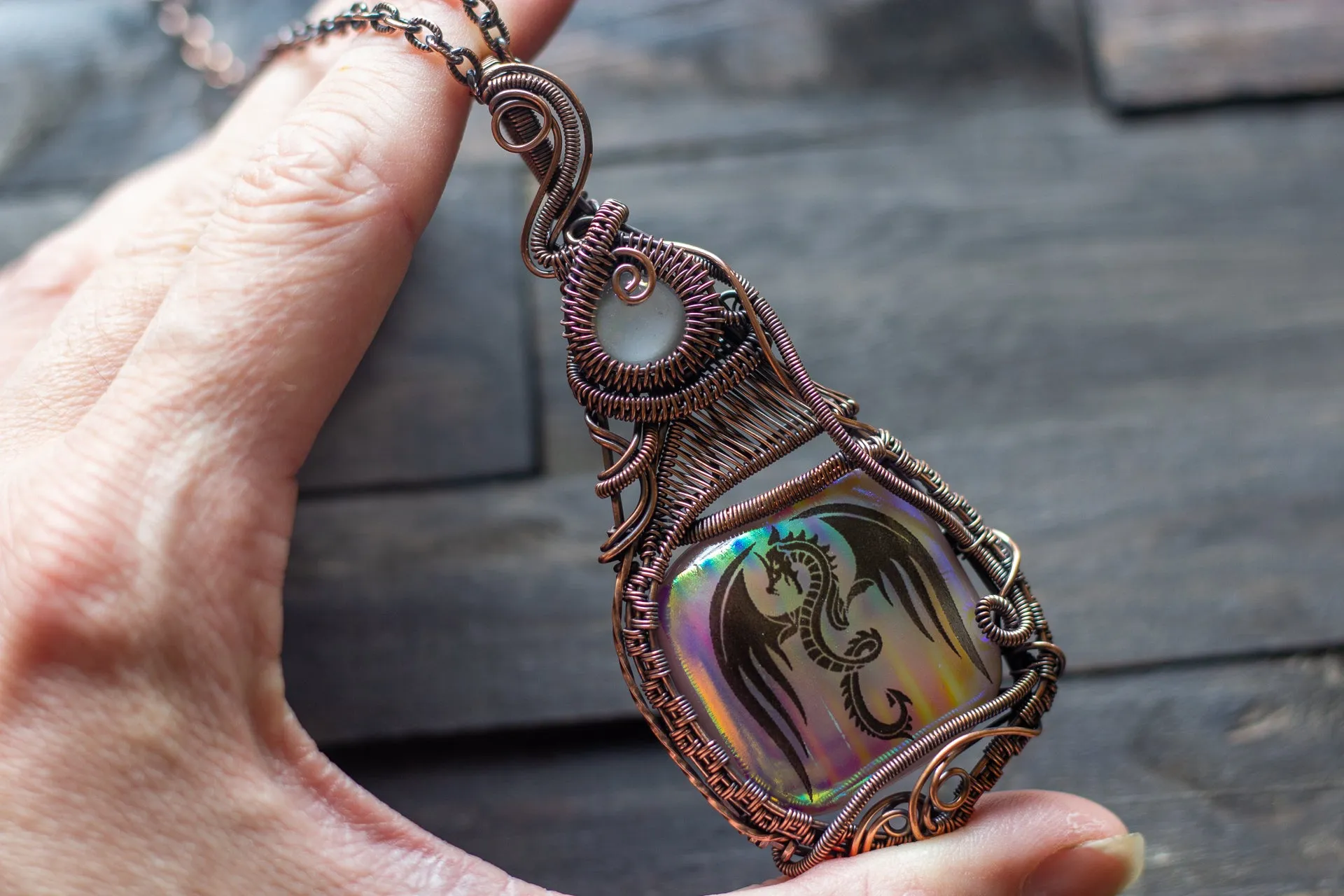 "Dragon Rising" Copper Pendant with Dichroic Fused Glass