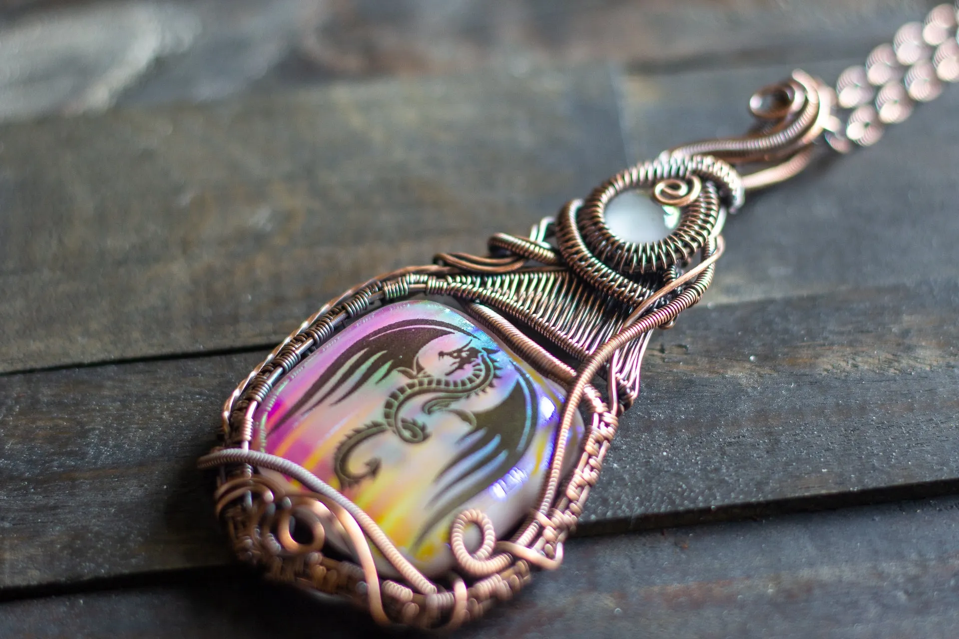 "Dragon Rising" Copper Pendant with Dichroic Fused Glass
