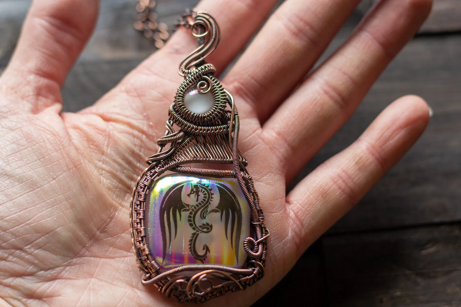 "Dragon Rising" Copper Pendant with Dichroic Fused Glass