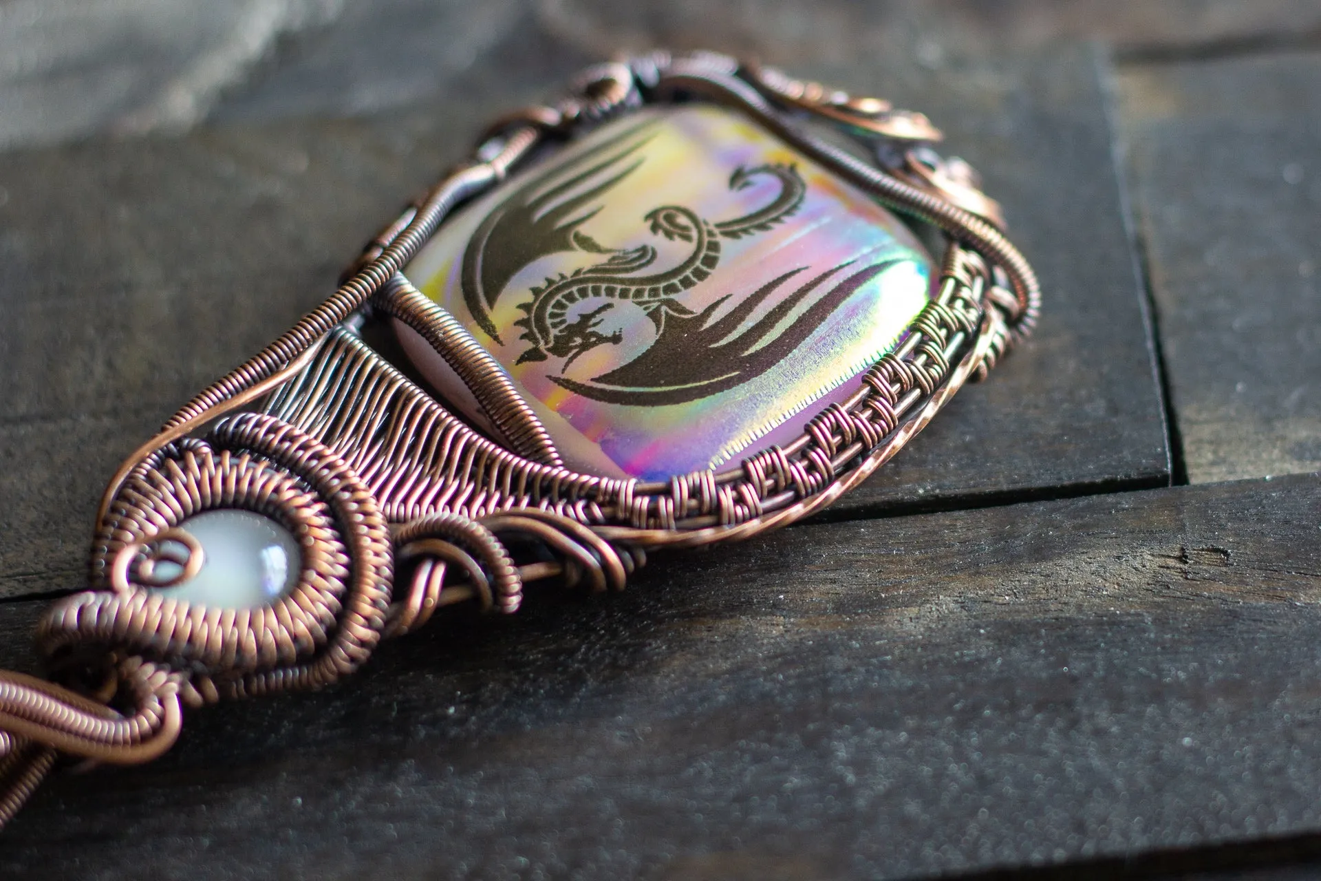 "Dragon Rising" Copper Pendant with Dichroic Fused Glass