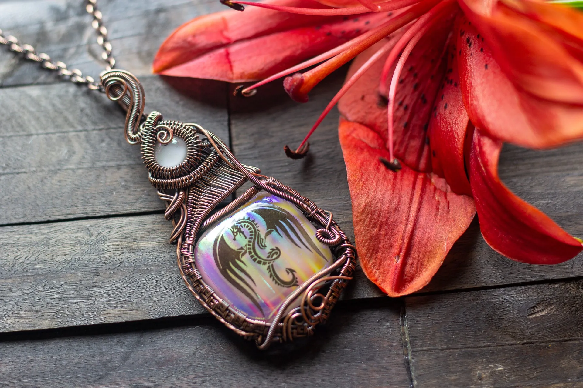 "Dragon Rising" Copper Pendant with Dichroic Fused Glass