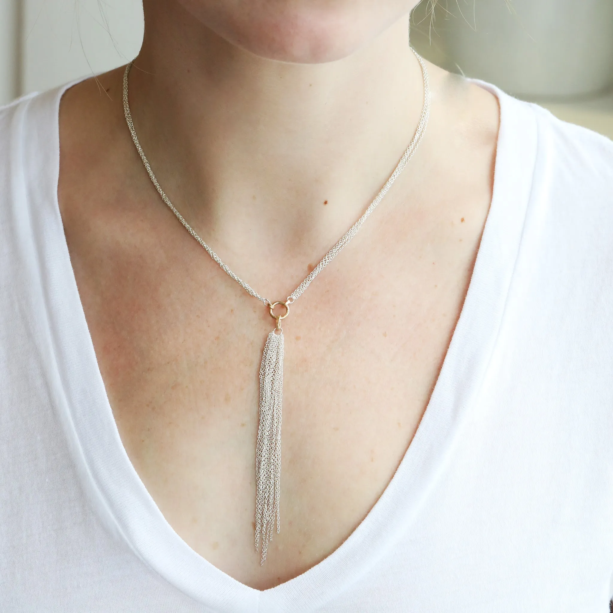 "The Jessie" Mixed 14K Gold & Sterling Silver Fringe Lariat Necklace
